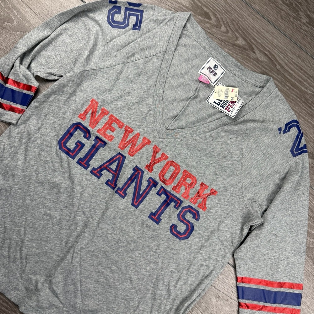 Victoria's Secret Pink Womens New York Giants NFL Logo VNeck Top Grey Medium New